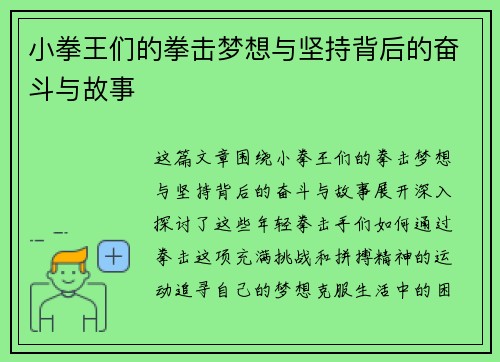 小拳王们的拳击梦想与坚持背后的奋斗与故事 小拳王们的拳击梦想与坚持背后的奋斗与故事